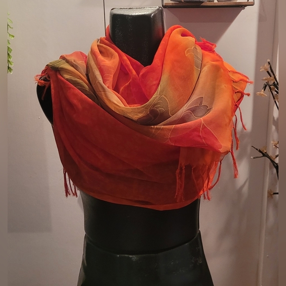 Orange and Green Floral Print Fringed Scarf - Picture 1 of 3